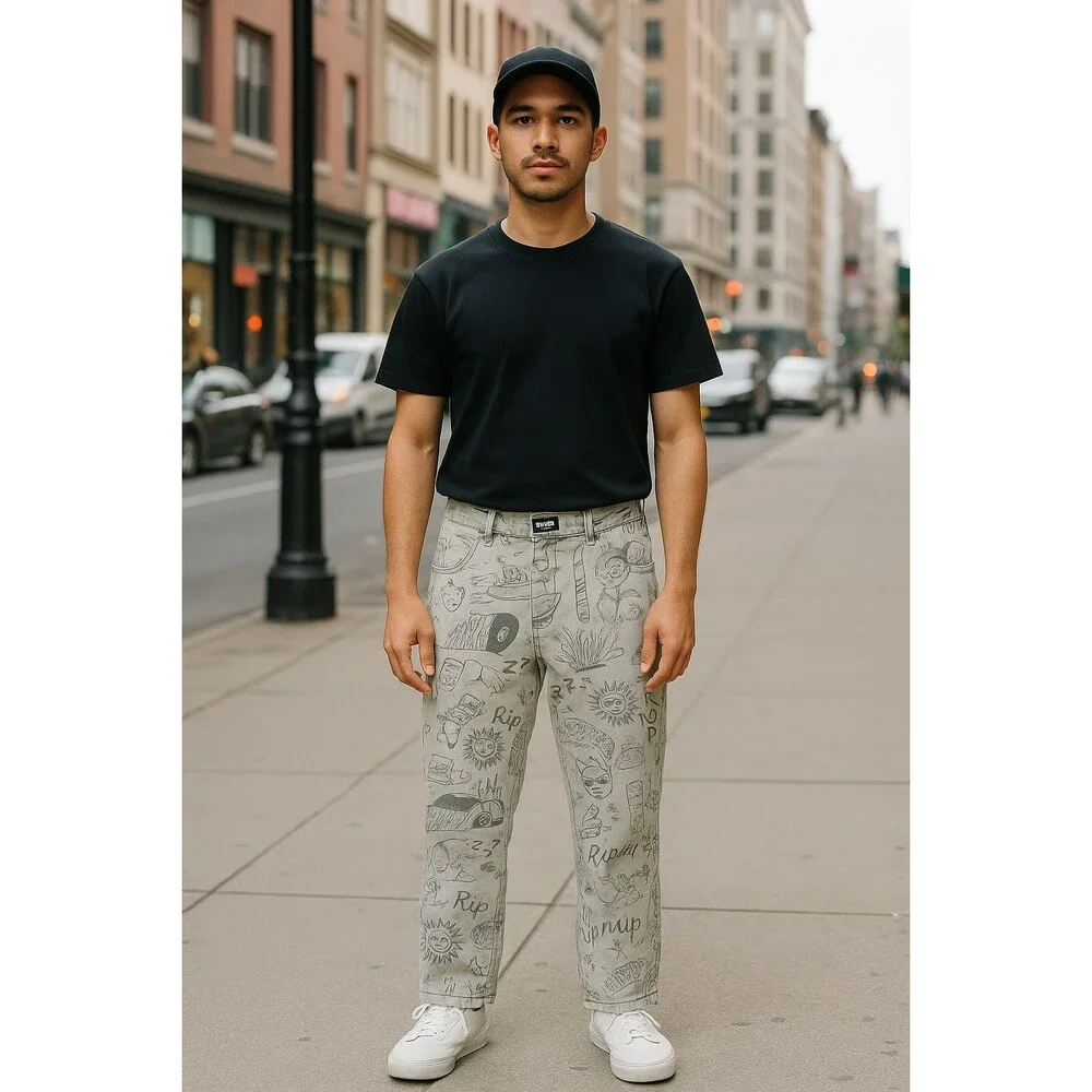 RipNDip Gray Doodle Print Jeans Unisex‎ Size 30